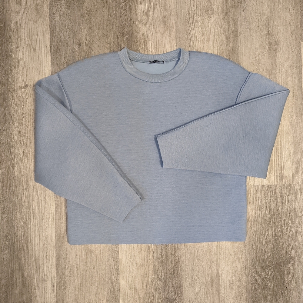 Zara Light Blue Oversized Neoprene Effect Exposed Hem Women's Top Sz Small NWOT - Picture 4 of 5